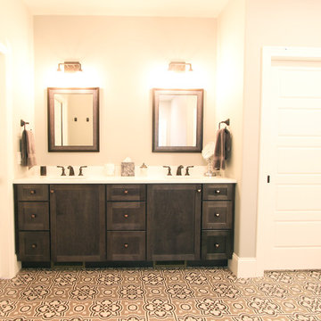 Grey Stained Bathroom Vanity Cabinet with Cement Tile Floor