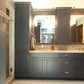 Grey Stained Maple Cabinets with Limestone Tile Floor