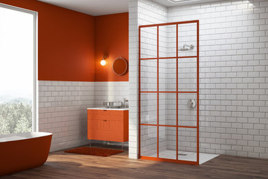 Photo of a large bohemian ensuite wet room bathroom in Miami with flat-panel cabinets, orange cabinets, a freestanding bath, white tiles, orange walls, dark hardwood flooring, marble worktops, an open shower, metro tiles, a wall-mounted sink and white floors.