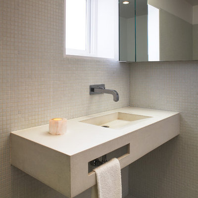 Inspiration for a small modern 3/4 white tile and mosaic tile mosaic tile floor doorless shower remodel in Los Angeles with an integrated sink, concrete countertops, a one-piece toilet and white walls