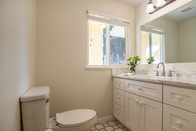 Inspiration for a small contemporary 3/4 white tile white floor bathroom remodel in Denver with beige walls and white countertops