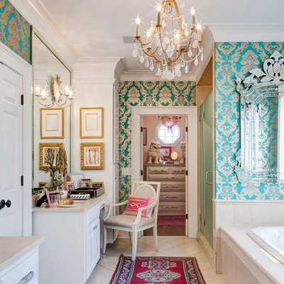 Inspiration for a large eclectic master beige tile and porcelain tile porcelain tile bathroom remodel in Other with an undermount sink, raised-panel cabinets, white cabinets, marble countertops and blue walls