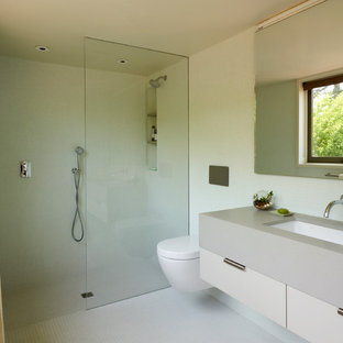 Ejemplo de cuarto de baño con ducha, vintage, de tamaño medio, con armarios con paneles lisos, ducha abierta, sanitario de pared, suelo de baldosas de cerámica, ducha abierta, puertas de armario beige, baldosas y/o azulejos de cerámica, lavabo bajoencimera y encimeras grises