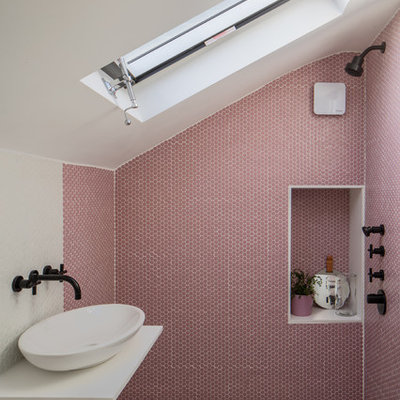 Inspiration for a scandinavian 3/4 pink tile and mosaic tile mosaic tile floor and multicolored floor open shower remodel in London with white walls, a vessel sink and white countertops