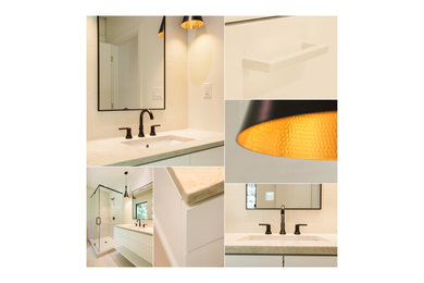Ejemplo de cuarto de baño único y flotante minimalista de tamaño medio con armarios con paneles lisos, puertas de armario blancas, aseo y ducha, lavabo bajoencimera, encimera de mármol y encimeras beige