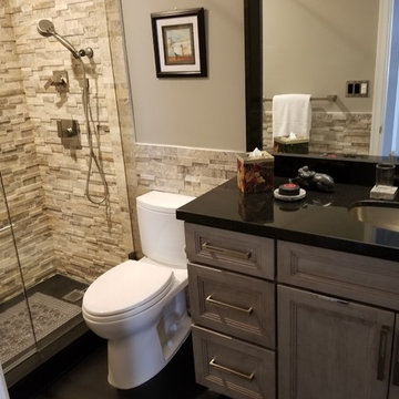 Guest Bathroom Full Remodel Featuring Custom Cherry Cabinetry, Granite Tops