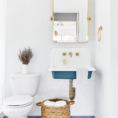 Inspiration for a small coastal 3/4 white tile and ceramic tile cement tile floor and blue floor bathroom remodel in Los Angeles with white walls, a wall-mount sink and a two-piece toilet