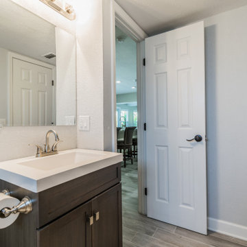 Guest bathroom remodel, wood look tile, shower window