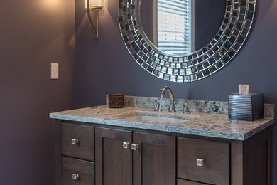 Inspiration for a transitional 3/4 beige tile and ceramic tile bathroom remodel in Boston with flat-panel cabinets, brown cabinets, purple walls, an undermount sink and quartz countertops