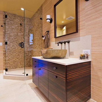 Guest Bathroom with Custom Macassar Ebony Veneer Cabinetry and Stone Vessel Sink