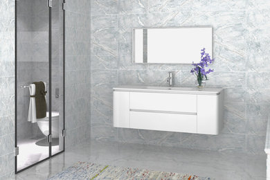 Ejemplo de cuarto de baño principal minimalista con armarios tipo mueble, puertas de armario blancas, encimera de acrílico y encimeras blancas