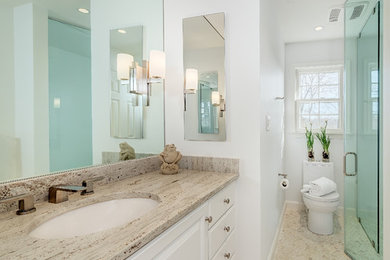 Example of a small transitional white tile and porcelain tile pebble tile floor walk-in shower design in DC Metro with an undermount sink, furniture-like cabinets, white cabinets, granite countertops, a one-piece toilet and white walls