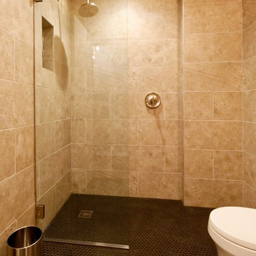 Hallway bathroom with curbless, open shower