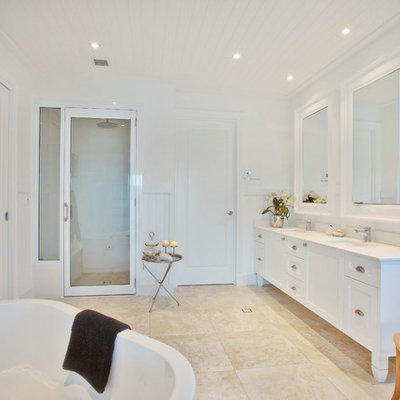 Example of a mid-sized classic white tile and subway tile mosaic tile floor freestanding bathtub design in Gold Coast - Tweed with recessed-panel cabinets, marble countertops and white walls
