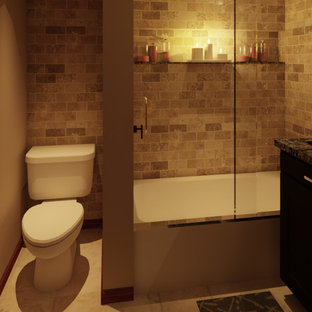Idéer för att renovera ett mellanstort vintage en-suite badrum, med luckor med infälld panel, bruna skåp, ett platsbyggt badkar, en dusch/badkar-kombination, en toalettstol med separat cisternkåpa, stenkakel, beige väggar, travertin golv, ett undermonterad handfat och granitbänkskiva