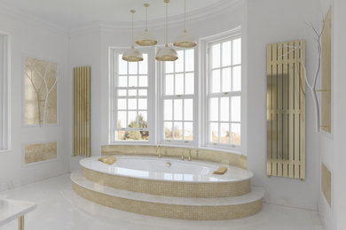Design ideas for an expansive modern ensuite bathroom in London with freestanding cabinets, white cabinets, a built-in bath, a walk-in shower, a wall mounted toilet, white tiles, stone slabs, white walls, marble flooring, a console sink and marble worktops.