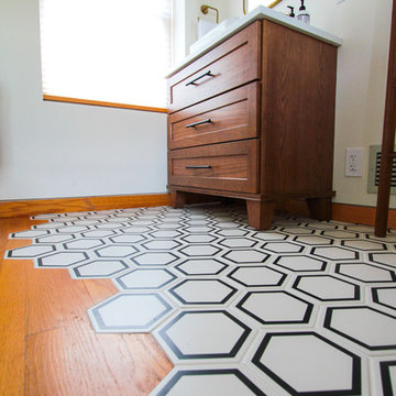 Hexagonal Tile to Hardwood Floor Bathroom Transition