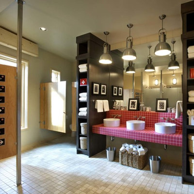 Inspiration for a contemporary pink tile bathroom remodel in Burlington with a vessel sink, tile countertops and red countertops