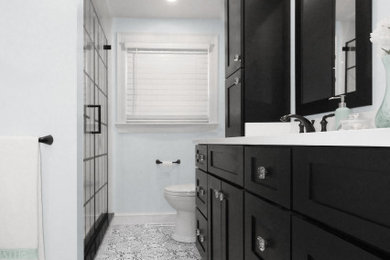 Mid-sized minimalist kids' white tile and porcelain tile porcelain tile and black floor alcove shower photo in Boston with shaker cabinets, black cabinets, a two-piece toilet, blue walls, an undermount sink, quartz countertops, a hinged shower door and white countertops