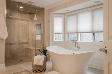 Inspiration for a mid-sized timeless master beige tile porcelain tile and beige floor walk-in shower remodel in Cleveland with shaker cabinets, white cabinets, onyx countertops, a hinged shower door and white countertops
