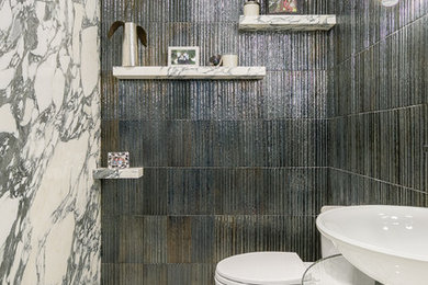 Inspiration for a medium sized modern shower room bathroom in New York with open cabinets, grey tiles, ceramic tiles, marble flooring, glass worktops and white floors.