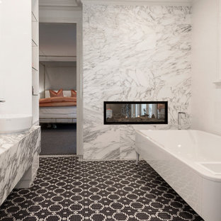 Photo of a large contemporary master bathroom in Melbourne with flat-panel cabinets, grey cabinets, a freestanding tub, white walls, mosaic tile floors, a vessel sink, multi-coloured floor, multi-coloured benchtops, a double vanity, a double shower, multi-coloured tile, marble, marble benchtops, an open shower, an enclosed toilet and a floating vanity.