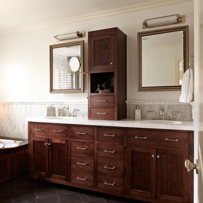 Inspiration for a mid-sized timeless master white tile and ceramic tile slate floor bathroom remodel in San Francisco with an undermount sink, shaker cabinets, dark wood cabinets, an undermount tub, quartzite countertops and white walls