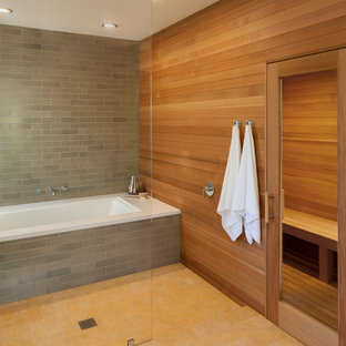 Inspiration for a large modern master gray tile and subway tile ceramic tile bathroom remodel in San Francisco with brown walls