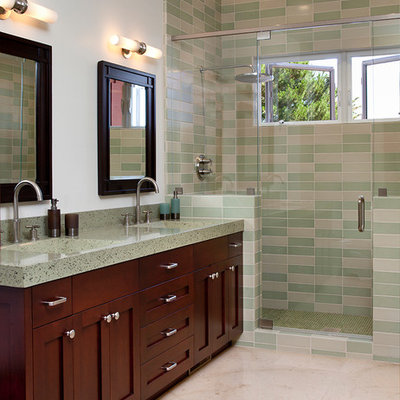 Inspiration for a timeless green tile bathroom remodel in San Francisco with shaker cabinets, terrazzo countertops, dark wood cabinets and green countertops