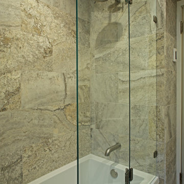 Hinged frameless tub enclosure in shower mode