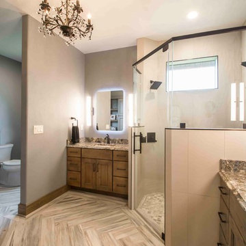 His Vanity with Drawer Storage and Metal Trim Glass Enclosed Shower
