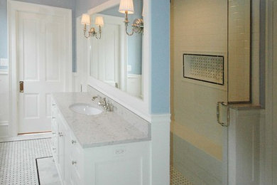Example of an ornate master black and white tile and mosaic tile marble floor alcove shower design in Chicago with flat-panel cabinets, white cabinets, a bidet, blue walls and an undermount sink