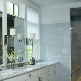 Example of a trendy subway tile bathroom design in Boston with marble countertops and an undermount sink