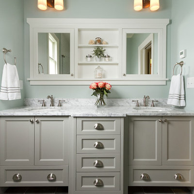 Mid-sized elegant master ceramic tile bathroom photo in Minneapolis with an undermount sink, shaker cabinets, gray cabinets, marble countertops and blue walls