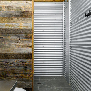 Design ideas for a small industrial bathroom in Other with open cabinets, grey cabinets, a one-piece toilet, gray tile, metal tile, grey walls, slate floors, an integrated sink, stainless steel benchtops, grey floor and grey benchtops.