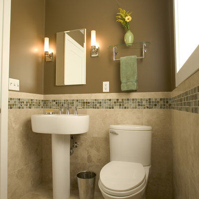 Example of a trendy mosaic tile travertine floor bathroom design in San Francisco with brown walls, a two-piece toilet and a pedestal sink