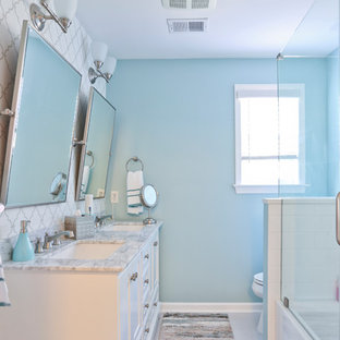 Inspiration for a large 1950s kids' bathroom remodel in DC Metro with beaded inset cabinets, gray cabinets, quartz countertops and gray countertops