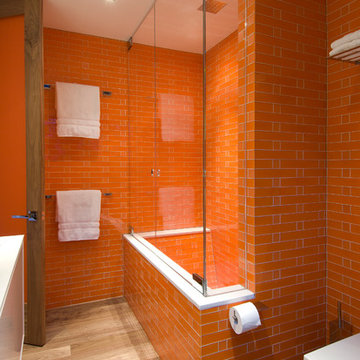 Hopen Place Hollywood Hills luxury home modern orange tiled guest bathroom