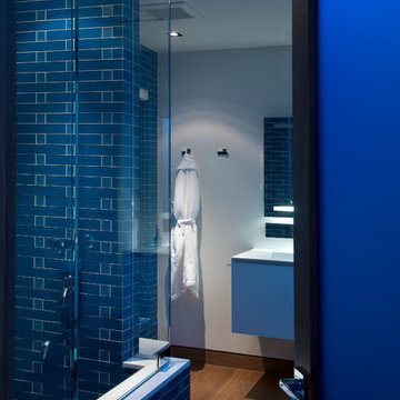 Hopen Place Hollywood Hills modern home blue tiled guest bathroom