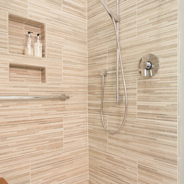 Horizontal Tile, Contemporary Fixtures and Shower Niche