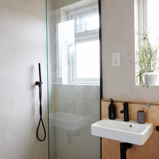 Design ideas for a small contemporary shower room bathroom in London with a walk-in shower, grey tiles, a wall-mounted sink, an open shower and a single sink.