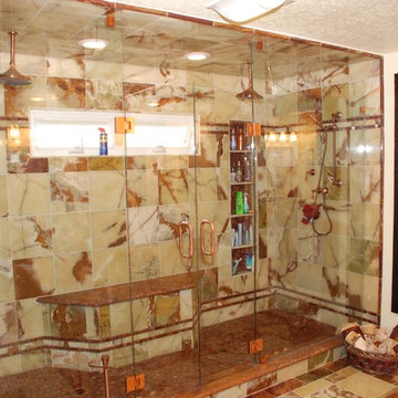 Huge Double Shower & Red & Green Onyx & Copper Fixtures & Double Shower Doors