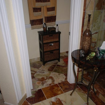 Huge Double Shower & Red & Green Onyx & Copper Fixtures & Double Shower Doors