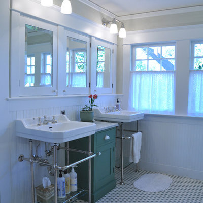Mid-sized arts and crafts mosaic tile floor bathroom photo in Portland with white walls and a console sink