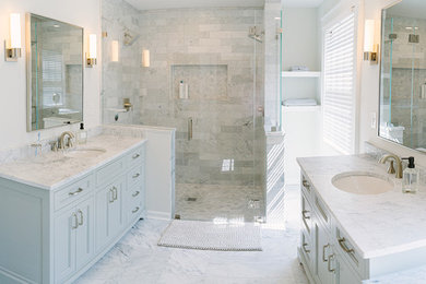 Walk-in shower - large transitional master gray tile and marble tile marble floor and gray floor walk-in shower idea in Cincinnati with recessed-panel cabinets, gray cabinets, white walls, an undermount sink, marble countertops, a hinged shower door and gray countertops