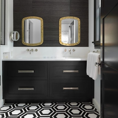Example of a transitional master multicolored floor bathroom design in New York with shaker cabinets, black cabinets, white walls and white countertops