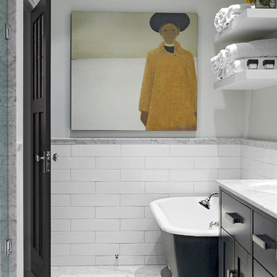 Inspiration for a mid-sized timeless master subway tile and white tile marble floor bathroom remodel in Toronto with furniture-like cabinets, green cabinets, an undermount sink, marble countertops and gray walls