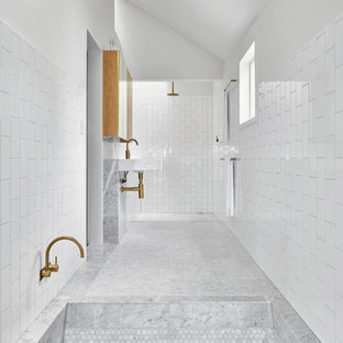 Design ideas for a beach style wet room bathroom in Brisbane with white tile, subway tile, white walls, a wall-mount sink, grey floor, an open shower and vaulted.