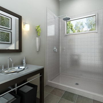 Industrial Bathroom walk in shower accessible shower center drain shower