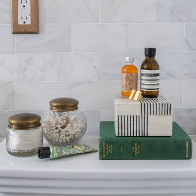 Inspiration for a mid-sized contemporary master black tile, black and white tile, gray tile, white tile and stone tile porcelain tile and black floor bathroom remodel in Atlanta with white walls and a pedestal sink